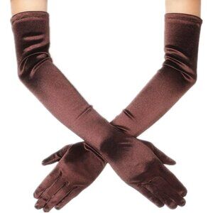Women's Brown Evening Long Satin Finger Gloves Halloween Wedding Party Prom